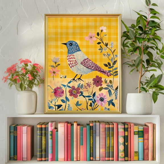 Dreamy Lil Bird - Yellow Gingham – Floral Bird Wall Art – Spring Cottagecore Print – Whimsical Vintage-Inspired Decor – Kitchen Wall Art Wall Art, Modern Wall Decor, 8x12 UNFRAMED