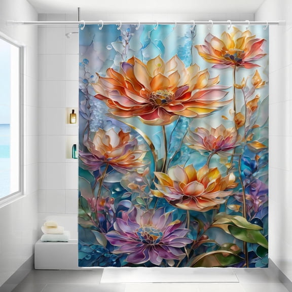 Dreamy Lotus Shower Curtain Stained Glass Flower Green Leaves Nature Waterproof Bathroom Curtains with Hooks Colorful Floral Natural Plant Bathtub Curtain Men Women Bath Decor