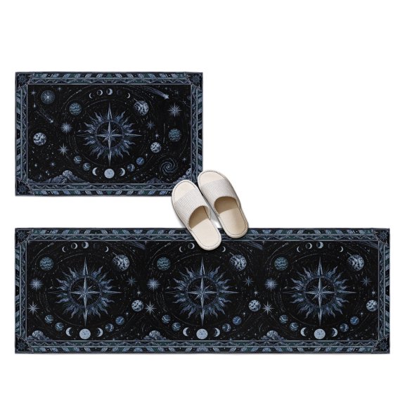 Dreamy Lunar Phase 2 Pieces Non-Slip Kitchen Mat Set, Navy Blue Moon Midnight Constellations Black Soft Door Mat with Rubber Backing, Dirtproof Rugs for Entrance Doorway, 23.6x35.4in+23.6x70.9in