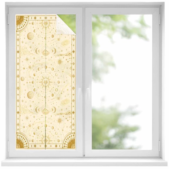 Dreamy Lunar Phase Window Privacy Film 19.6x39.3in Central Sunburst Moon Cycle Stars Mountain Decorative Window Film with Static Cling, UV Filtering Window Cling Privacy Film for Glass Doors