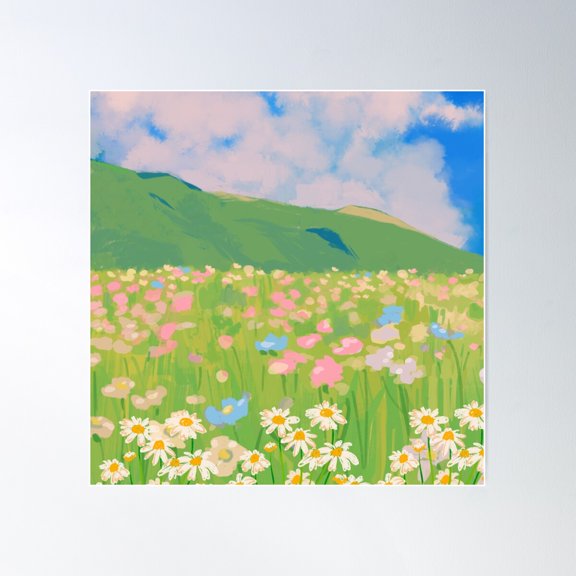 Dreamy Meadow Bloom - Serene Pastel Wildflower Landscape With Rolling Green Hills And Blue Sky Poster Wall Art, Modern Wall Decor For Living Room Bedroom, 8x12 UNFRAMED