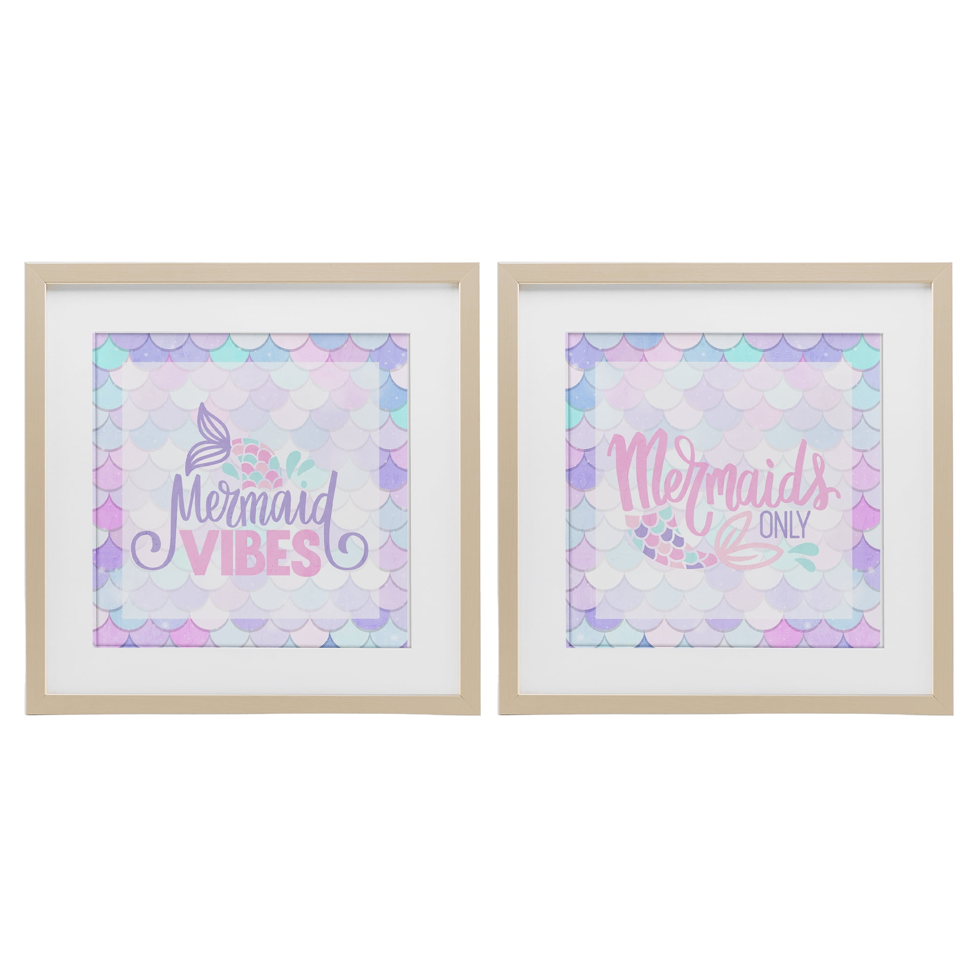 Dreamy Mermaid Phrases with Scales 2 Piece Birch Framed Print Under Glass Set, design by Kim Allen