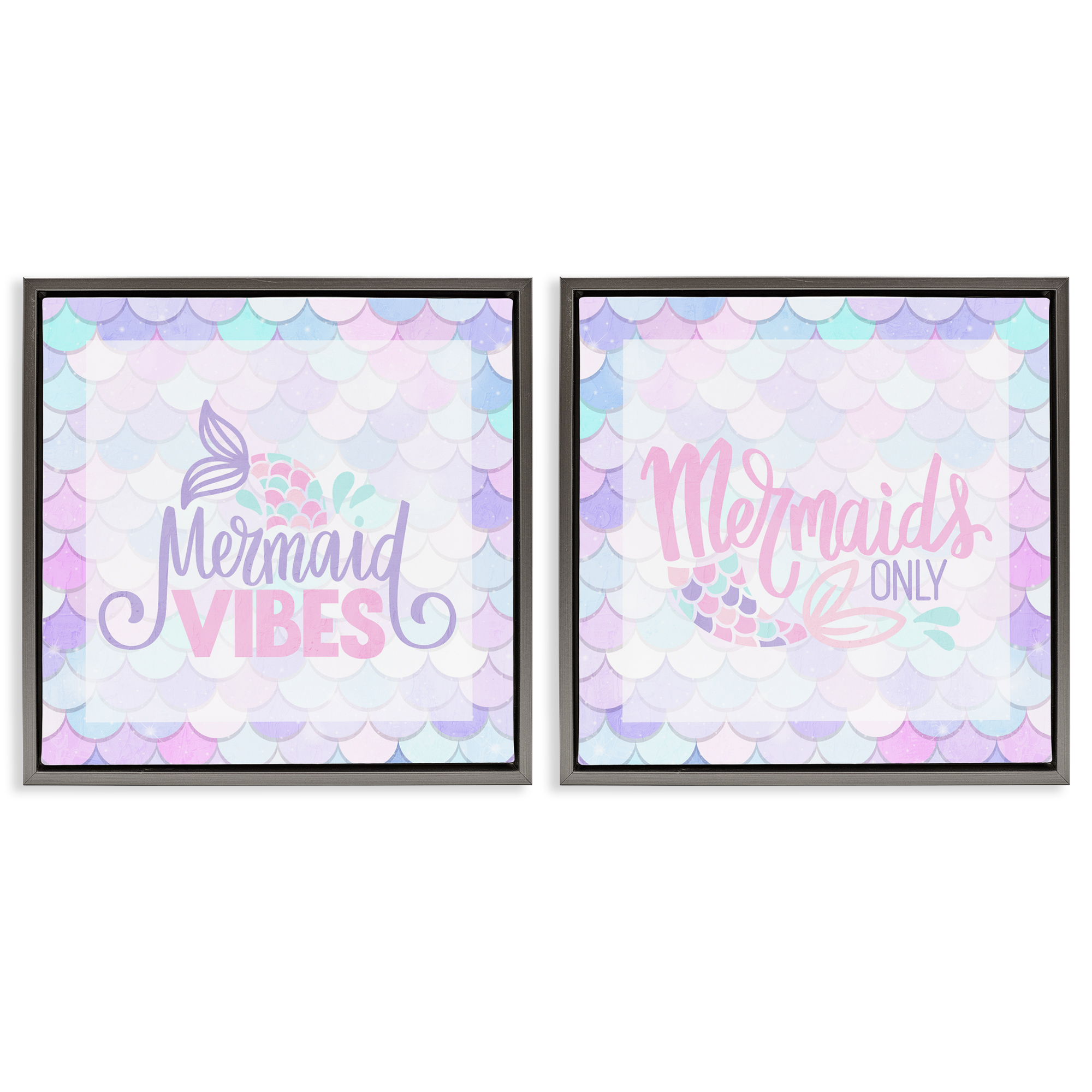 Dreamy Mermaid Phrases with Scales 2 Piece Gray Framed Floater Canvas Set, design by Kim Allen