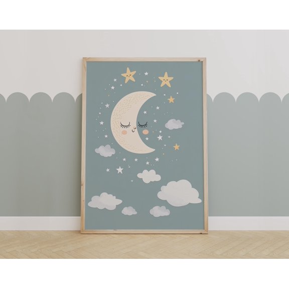 Dreamy Moon, Clouds And Stars Print , Nursery Wall Art For Room, Baby Room Decor , Poster Print Only