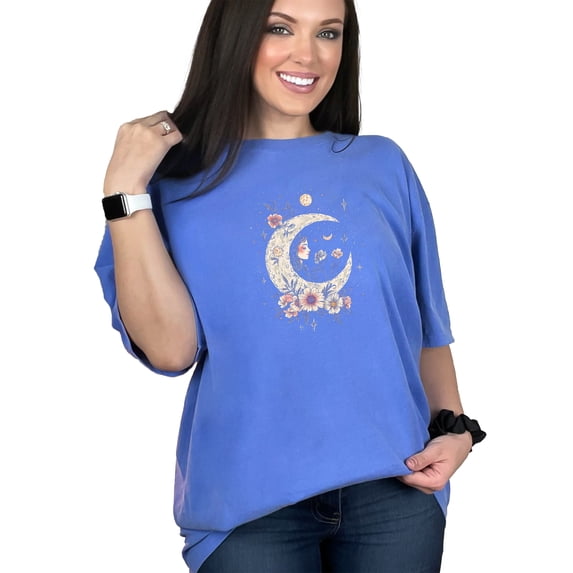 Dreamy Moon Goddess Tee, Celestial Floral Art T-Shirt, Boho Moon and Stars Shirt, Mystical Flower Crescent Moon Tee, Vintage Bohemian Top, Flo Blue Comfort Colors T-Shirt, Large