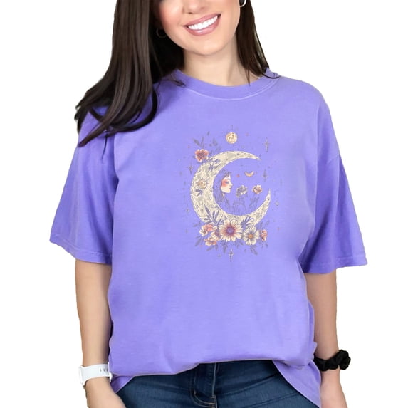 Dreamy Moon Goddess Tee, Celestial Floral Art T-Shirt, Boho Moon and Stars Shirt, Mystical Flower Crescent Moon Tee, Vintage Bohemian Top, Violet Comfort Colors T-Shirt, Large