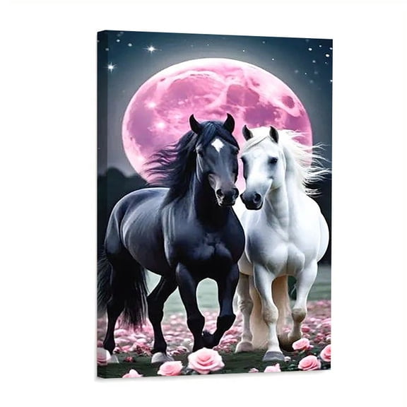 Dreamy Moonlight Horse Decorative Painting - Pink Full Moon Background with Black and White Horse Running Among Roses, Perfect Decoration Gift for Living Room, Bedroom, Indoor, Outdoor