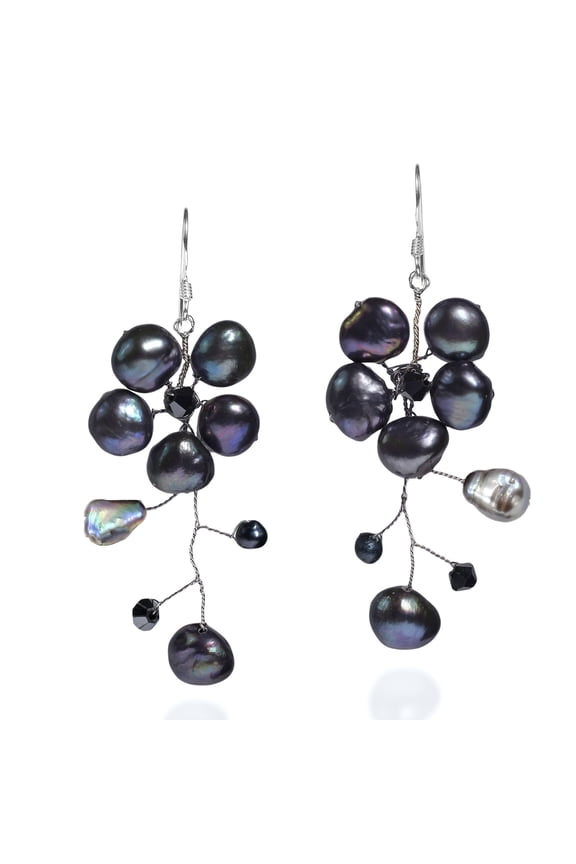 Dreamy Nature Cultured Freshwater Black Pearl Flower .925 Silver Earrings