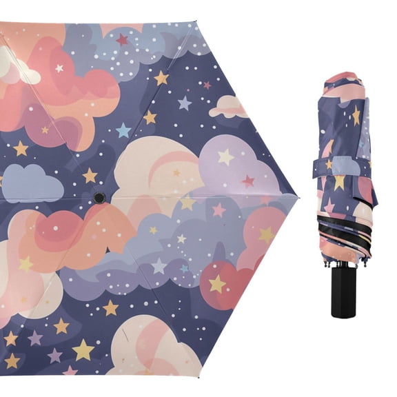 Dreamy Nebula Colorful Clouds Stars All Weather Umbrella Triple Folding Parasol 6 Ribs UV Protection Portable