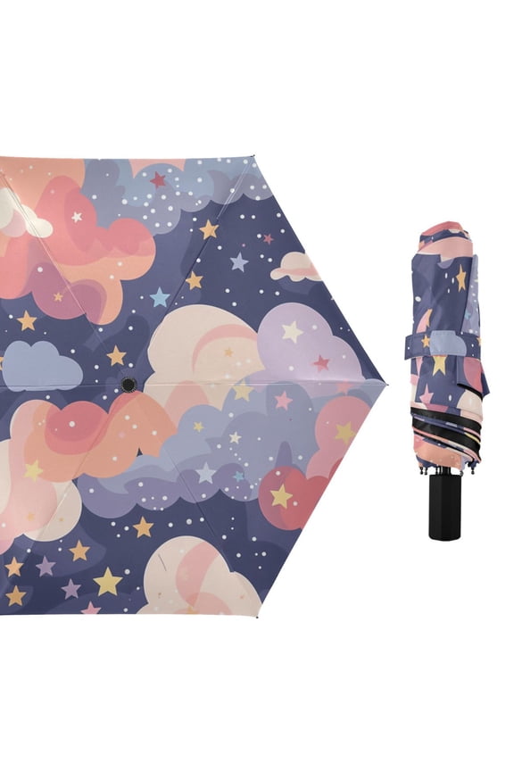 Dreamy Nebula Colorful Clouds Stars All Weather Umbrella Triple Folding Parasol 6 Ribs UV Protection Portable