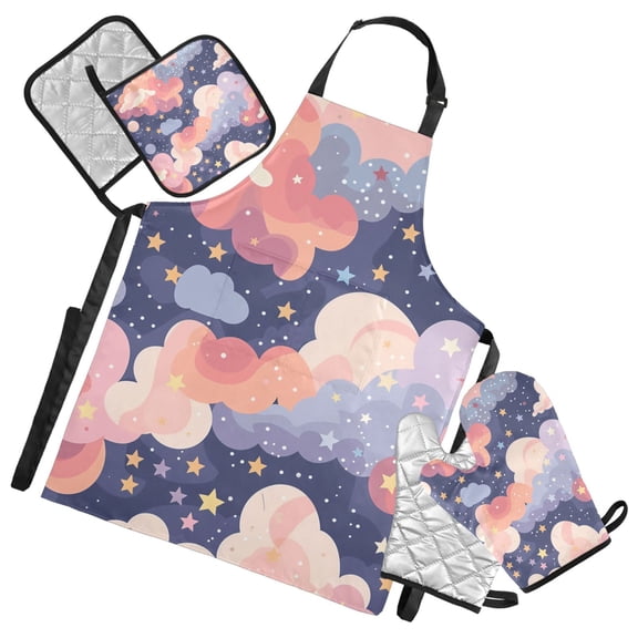 Dreamy Nebula Colorful Clouds Stars Apron Set with Oven Mitts Pot Holders Set of 5 Kitchen Stuff Accessories