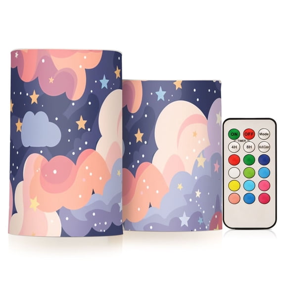 Dreamy Nebula Colorful Clouds Stars Flickering Flameless Candles LED Tealight Battery Operated with Remote Set of 2 Holiday Decor Ornaments