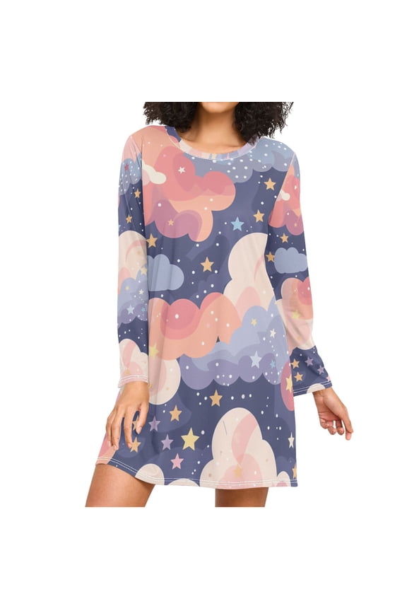 Dreamy Nebula Colorful Clouds Stars Women's Long Sleeves Nightgowns Sleepwear Soft Pajama A-line Sleep Dress M