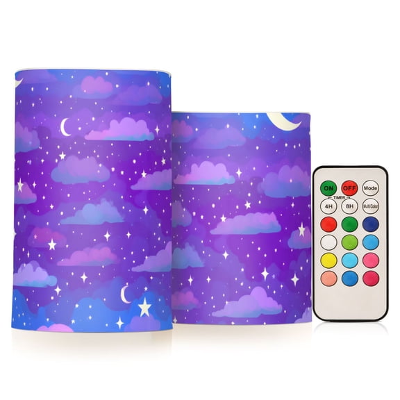 Dreamy Night Sky Flameless LED Candle Set with Remote, Battery Operated Color Changing Pillar Candles, Set of 2