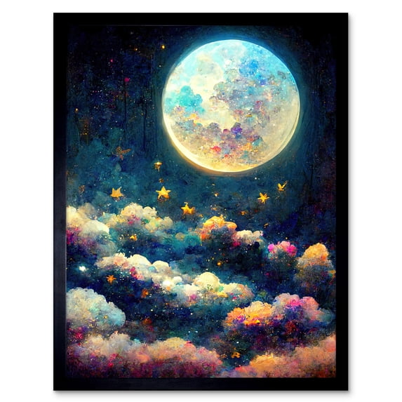 Dreamy Night Sky Moon Stars Colourful Clouds Kids Cute Art Print Framed ...