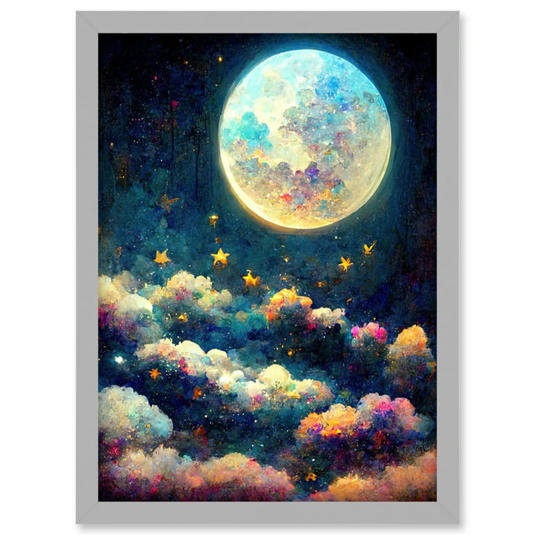 Dreamy Night Sky Moon Stars Colourful Clouds Kids Cute Artwork Framed Wall  Art Print A4