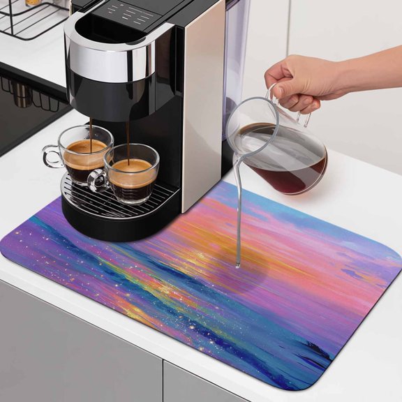 Dreamy Ocean Dish Drying Mats for Kitchen Counter, Abstract Fantasy Sun Ocean Sky Absorbent Coffee Bar Mat with Non-slip Rubber Backed Quick Drying Dish Rack Pad 12"x16"