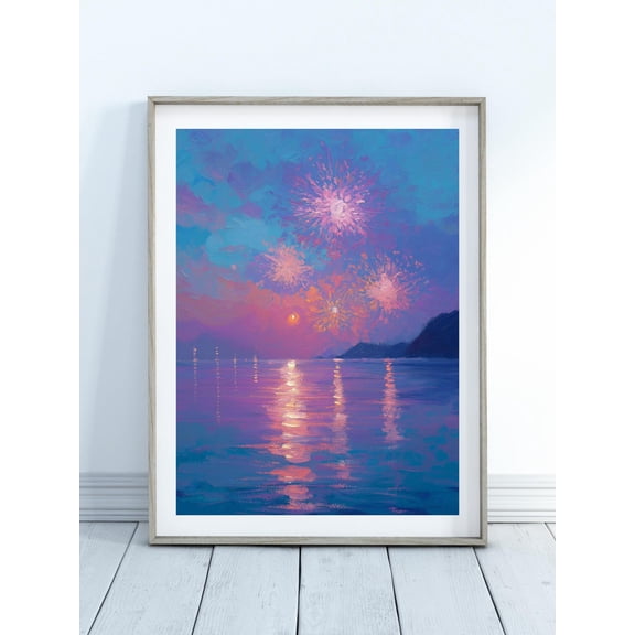 Dreamy Ocean Fireworks Poster - Pastel Night Sky And Water Reflection Art, Serene Coastal Wall Decor For Bedroom Or Living Space, Stretched Canvas Size 12x18