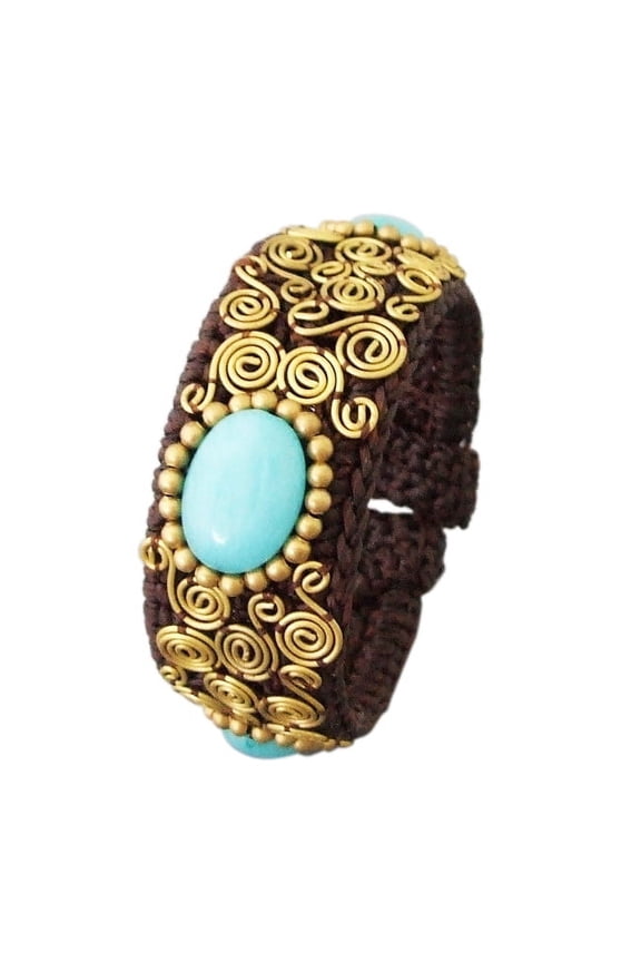 Dreamy Oval Blue Chalcedony Spiral Brass Cotton Cuff