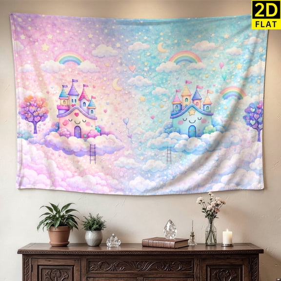 Dreamy Pastel Cloud Castle Rainbow Wall tapestry, Large size Printed Horizontal Tapestry blanket, Polyester Fabric Wall Hanging for bedroom, living room, Gift for Family and Friends