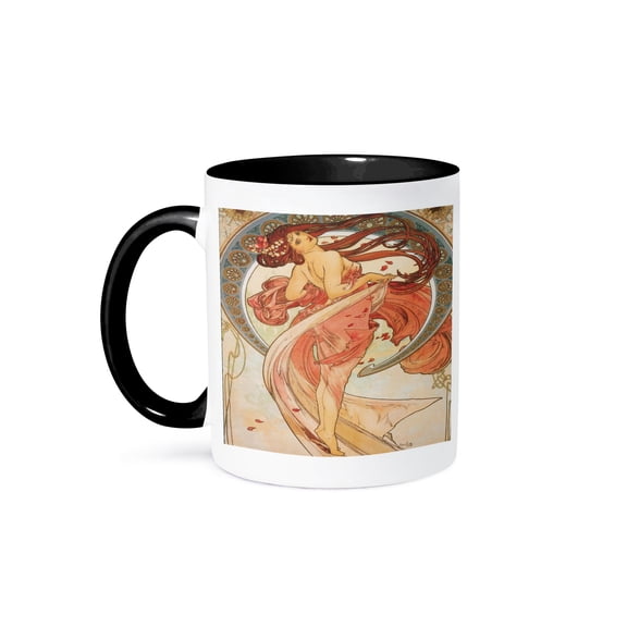 3dRose, Dreamy Peach n White Mucha Lady Painting, 15oz Two-Tone Black Mug