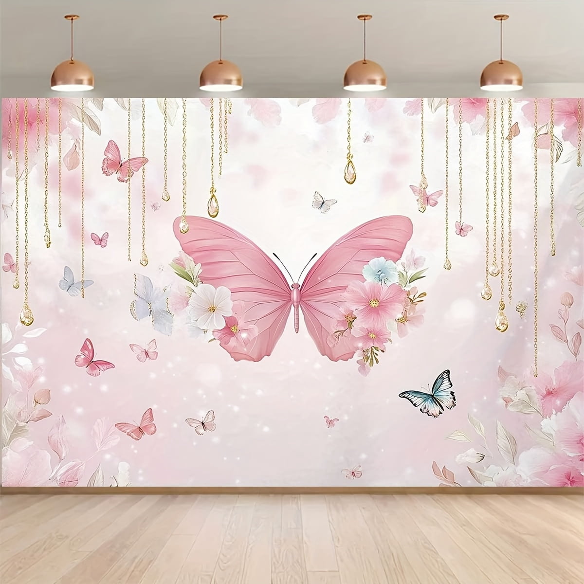 Pink And Blue Butterfly Round Bokeh Birthday Backdrop Kit