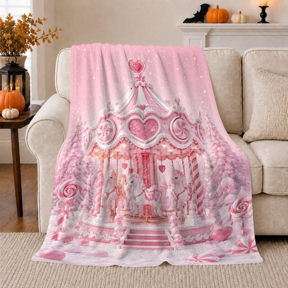 Dreamy Pink Carousel Unicorn, Mystical Fantasy Scene, Warm Flannel Blanket for Home Library and Reading Nook with Detailed Artwork, Art Lovers Housewarming Gift, Fantasy Home Decor