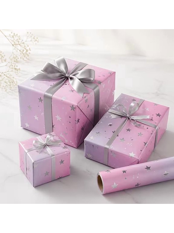 Dreamy Pink Purple Glitter Star Gift Wrap Roll for Girls' Parties