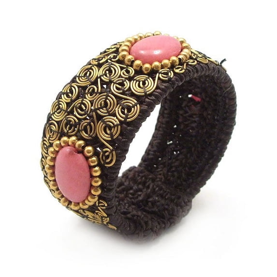Dreamy Pink Rhodonite Spiral Brass Cotton Cuff