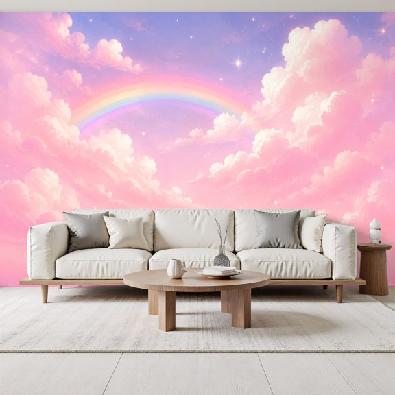 Dreamy Pink Sky dreamy Rainbow Fluffy Clouds fantasy Peel and Stick Wall Murals 69"H x 96"W Removable PVC Wallpaper Self-Adhesive Wall Paintings for Bedroom Living Room