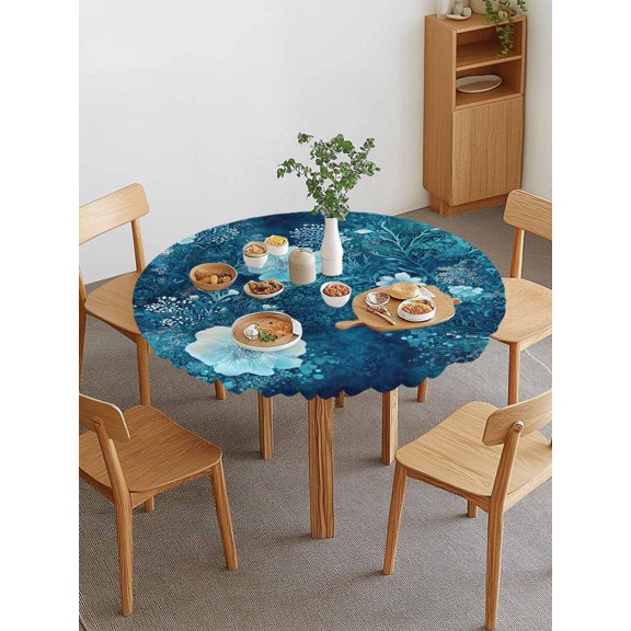 Dreamy Poppy Anemone Round Fitted Tablecloth with Elastic Edge, Natural Ocean Mysterious Waterproof Stretch Table Covers for 36"-44" Tables Wipeable Table Cloth for Outdoor