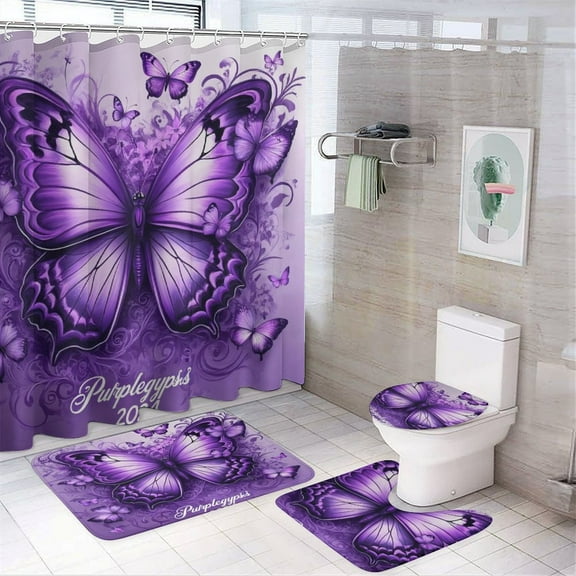 Dreamy Purple Butterfly Pattern (100)-1 Shower Curtain Bathroom Sets Toilet Lid Rug, Bath Mat And Contour Mat, Shower Curtain 4Pcs