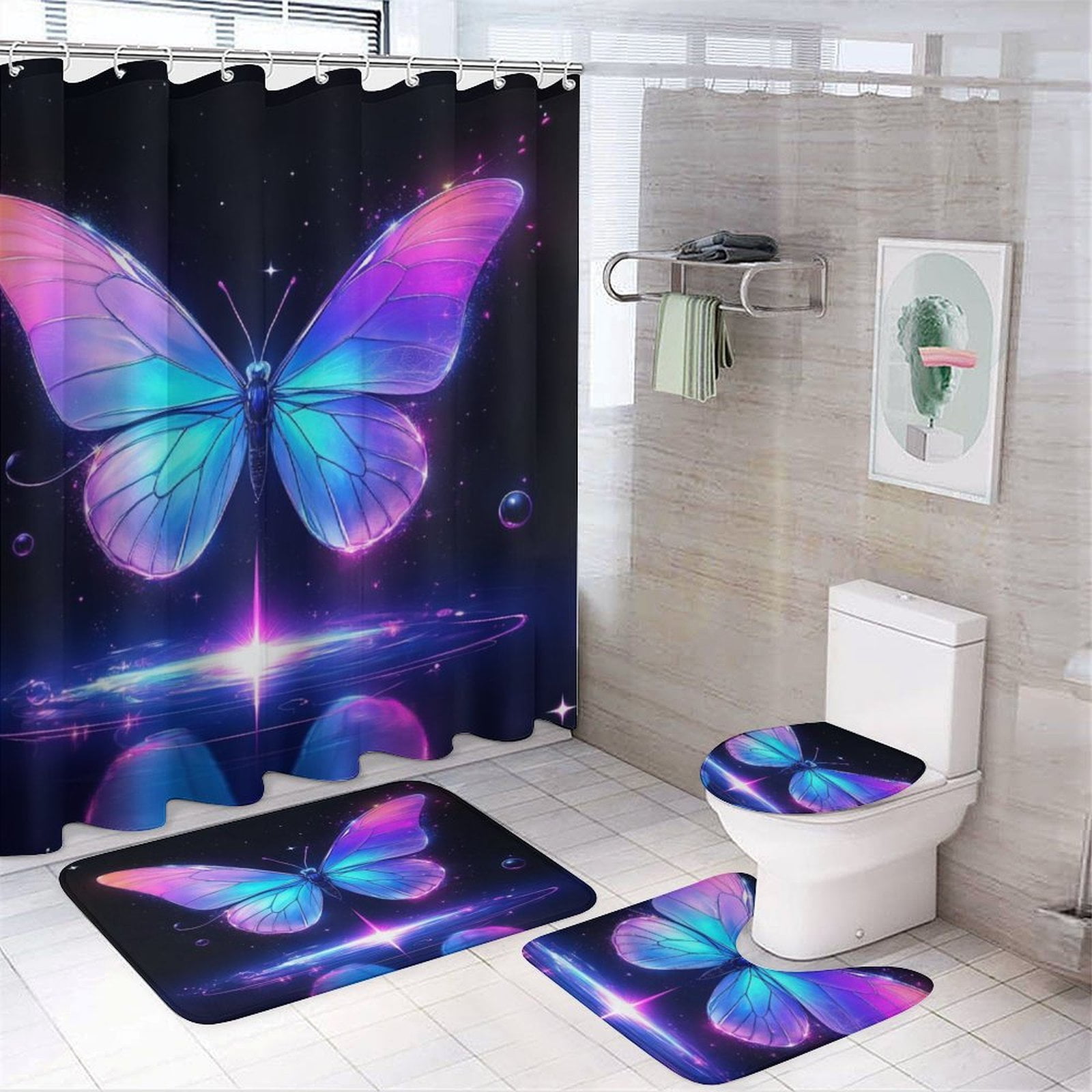 Dreamy Purple Butterfly Pattern (110)-1 Shower Curtain Set Modern Bathroom Decor Mats 4pcs Fabric Bathroom Curtain Slip Floor Rug Toilet Lid