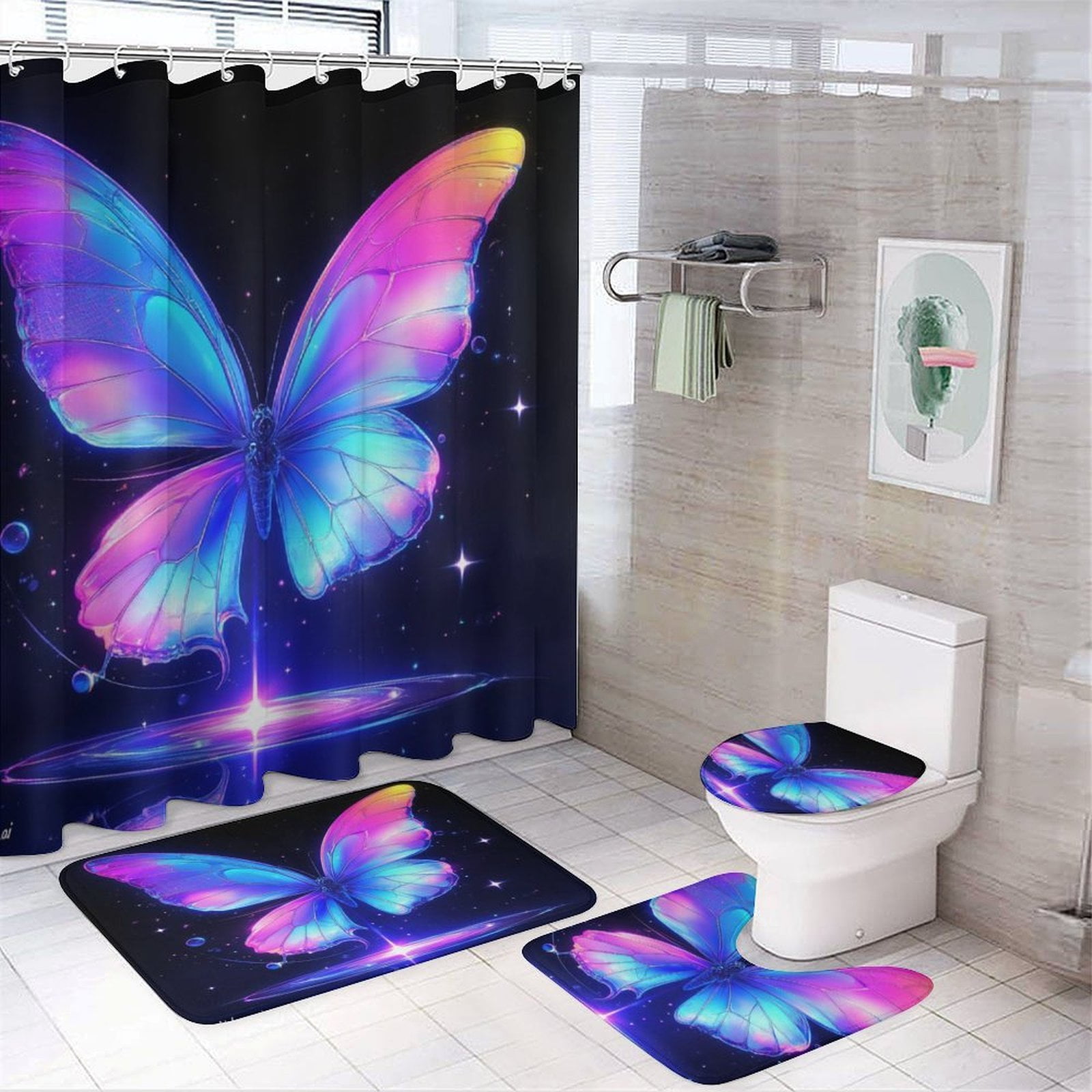 Dreamy Purple Butterfly Pattern (110)-2 Shower Curtain Set Modern Bathroom Decor Mats 4pcs Fabric Bathroom Curtain Slip Floor Rug Toilet Lid