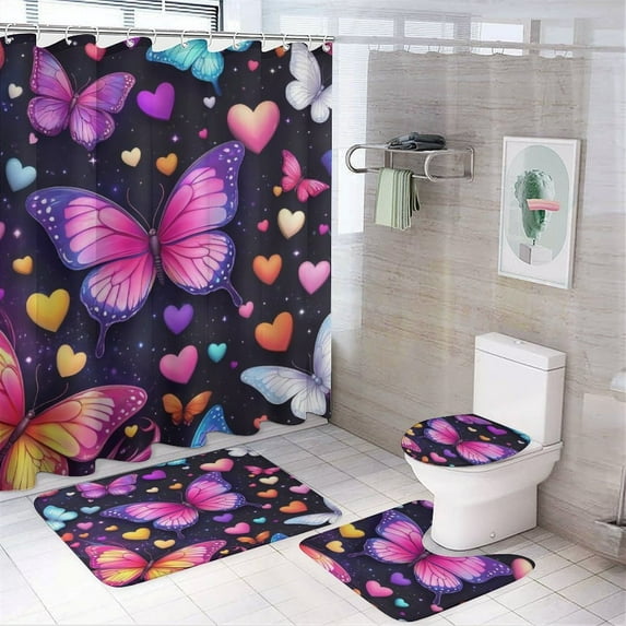 Dreamy Purple Butterfly Pattern (19)-2 Shower Curtain Bathroom Sets Toilet Lid Rug, Bath Mat And Contour Mat, Shower Curtain 4Pcs