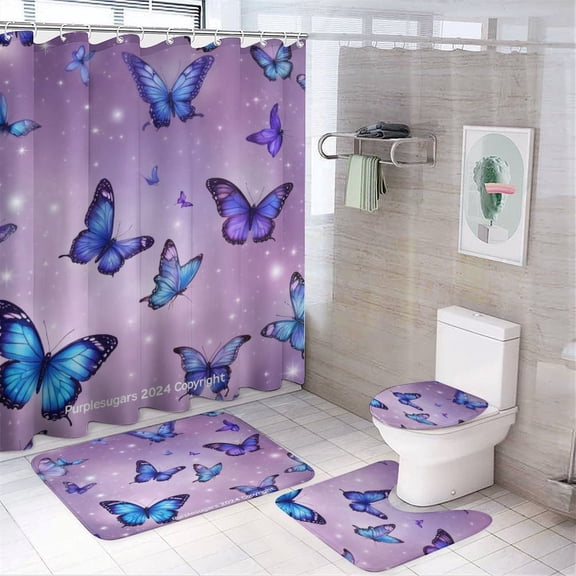 Dreamy Purple Butterfly Pattern (51)-2 Shower Curtain Sets Non-Slip Rugs Bath Mat Toilet Cover U Shaped Mat 4 Pcs
