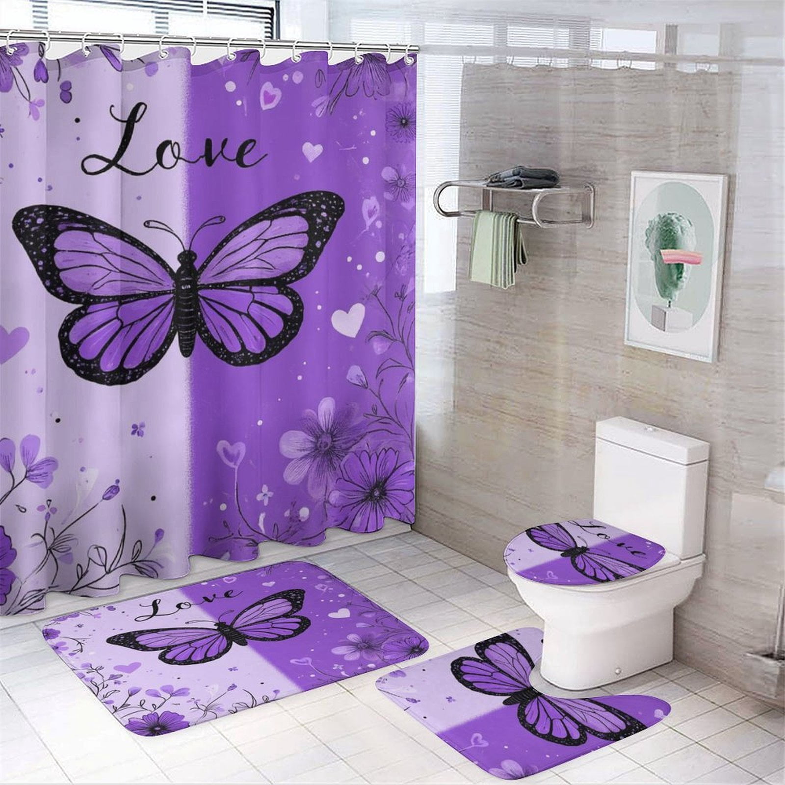 Dreamy Purple Butterfly Pattern (55)-2 Shower Curtain Waterproof Bathroom Curtain Set with Hooks Home Decor Bathroom Curtains 4pcs