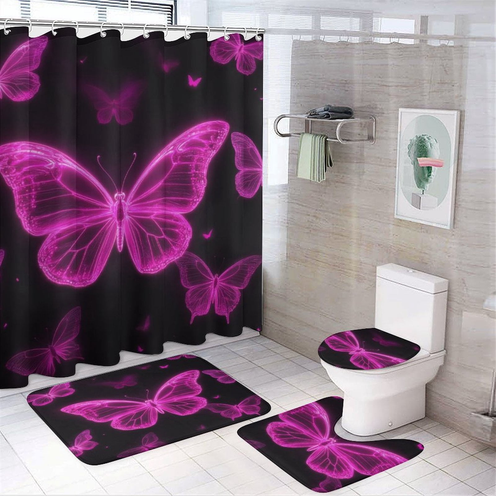 Dreamy Purple Butterfly Pattern (58)-1 Shower Curtain Waterproof Bathroom Curtain Set with Hooks Home Decor Bathroom Curtains 4pcs