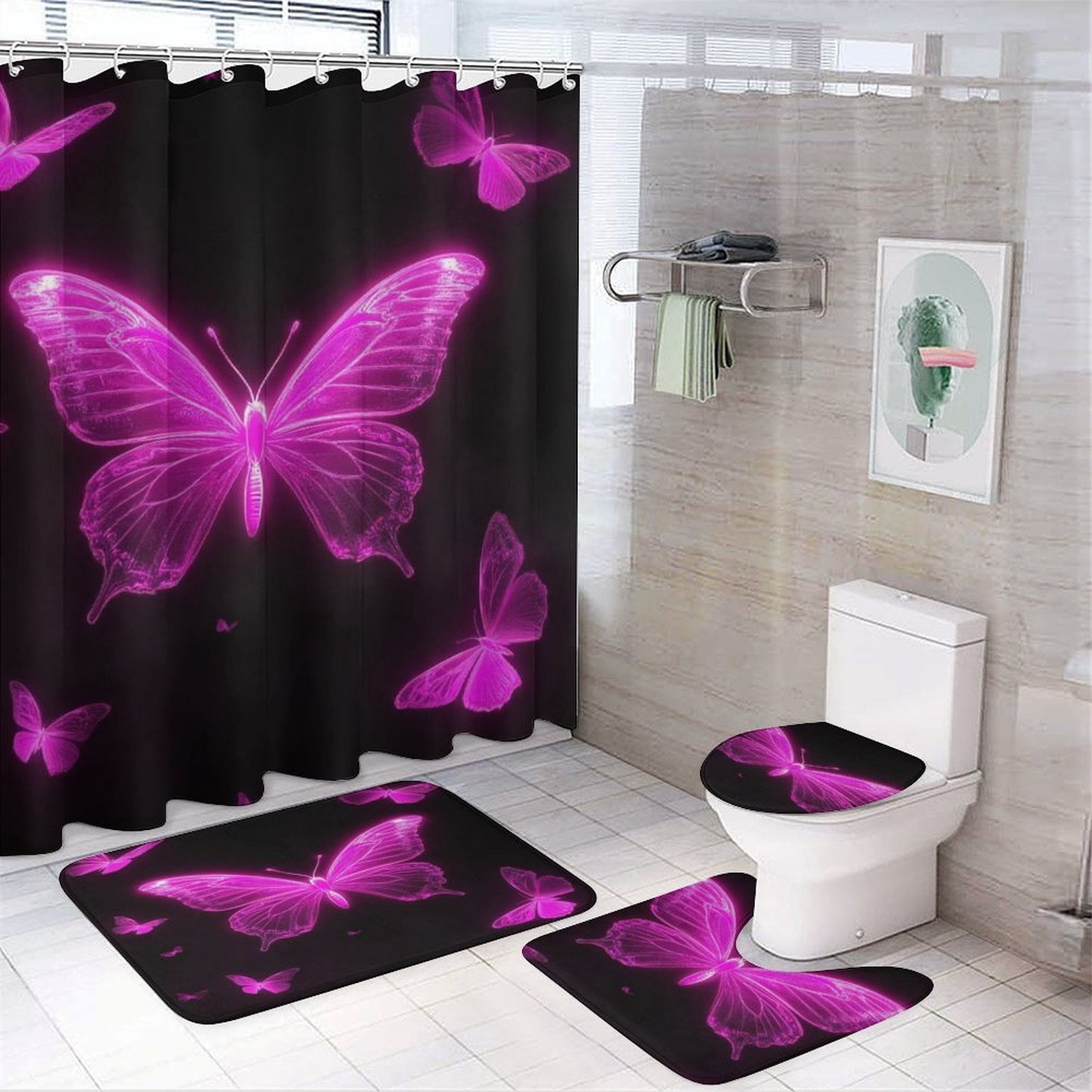 Dreamy Purple Butterfly Pattern (58)-2 Shower Curtain Waterproof Bathroom Curtain Set with Hooks Home Decor Bathroom Curtains 4pcs