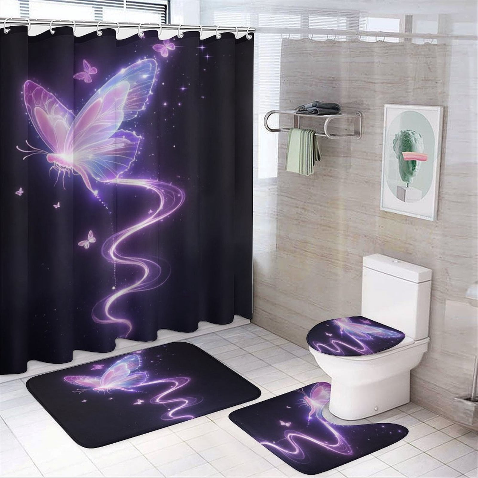 Dreamy Purple Butterfly Pattern (59)-1 Shower Curtain Set Modern Bathroom Decor Mats 4pcs Fabric Bathroom Curtain Slip Floor Rug Toilet Lid