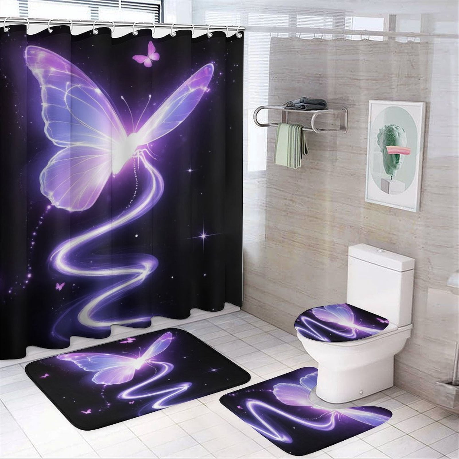 Dreamy Purple Butterfly Pattern (59)-2 Shower Curtain Waterproof Bathroom Curtain Set with Hooks Home Decor Bathroom Curtains 4pcs