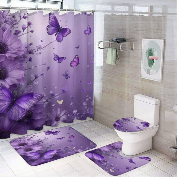 Dreamy Purple Butterfly Pattern (60)-1 Shower Curtain Bathroom Sets Toilet Lid Rug, Bath Mat And Contour Mat, Shower Curtain 4Pcs