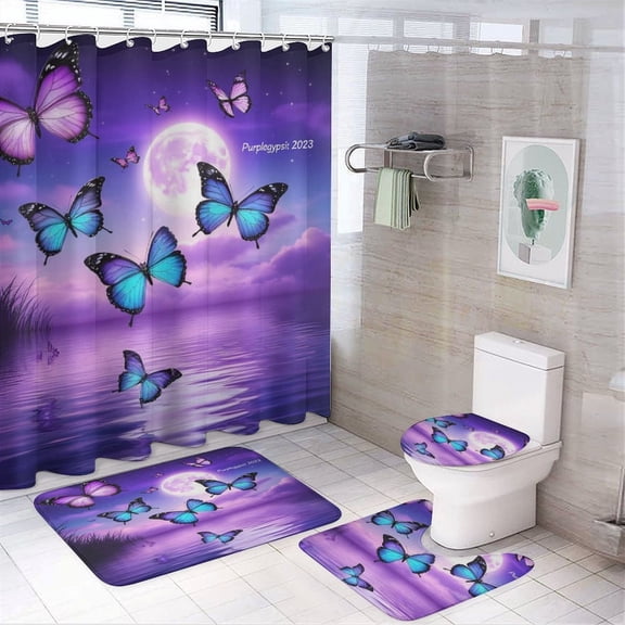 Dreamy Purple Butterfly Pattern (67)-1 Shower Curtain Bathroom Sets Toilet Lid Rug, Bath Mat And Contour Mat, Shower Curtain 4Pcs
