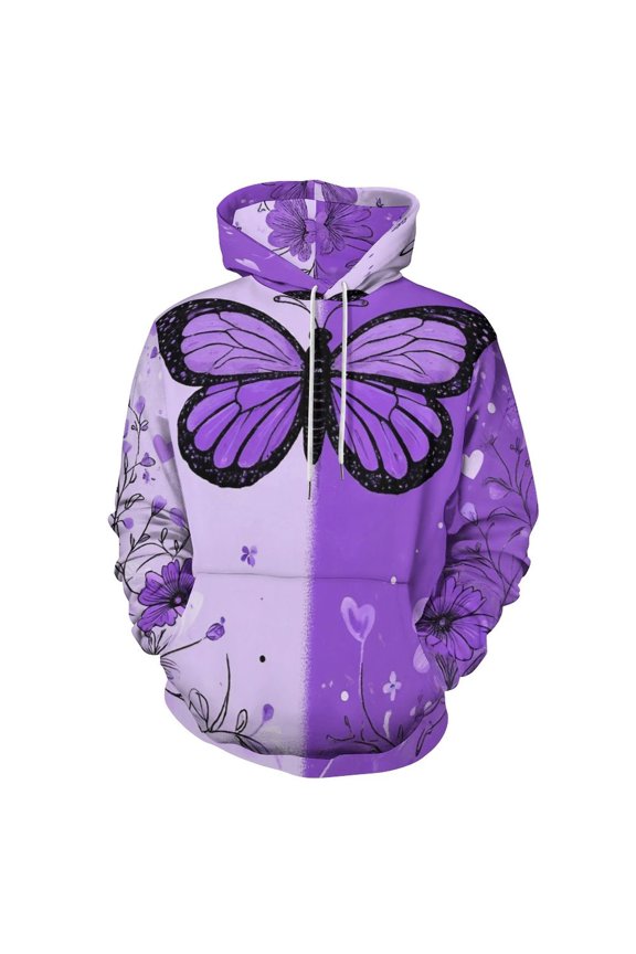 Dreamy Purple Butterfly Pattern Men's Women Vintage 3D Hooded Sweatshirt - All-Season Loose Fit Streetwear