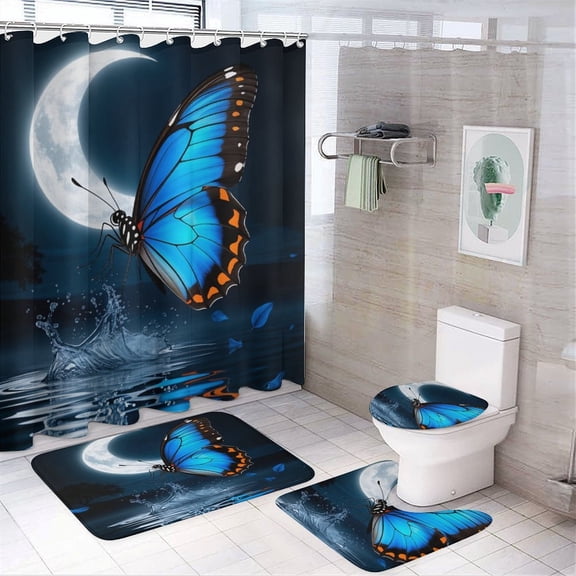Dreamy Purple Butterfly Pattern Shower Curtain And Rugs Mat Set For Bathroom Bath Curtains Decoration Accessories Bathtub Screen 4 Pcs
