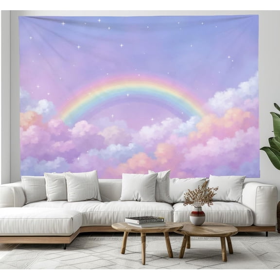Dreamy Rainbow Starry Sky Tapestry, Cartoon Illustration Wall Backdrop, Nature Tapestries Wall Hanging Art Mural For Living Room Bedroom Decor, Pink 80 X 60 Inches