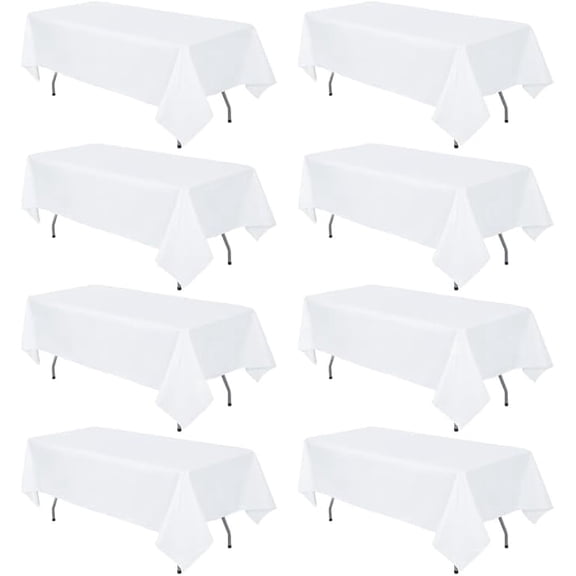 Plastic Table Cloth Disposable 8 Pack, 54 x 108 Inch Table Cloths, Party, Picnic, Wedding, Decorative Tablecloths, Rectangle, White Plastic Cover, Leakproof & Sturdy, White