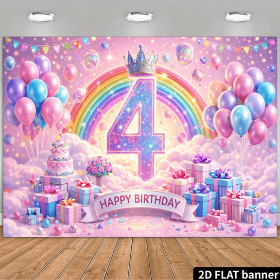 Dreamy Rainbow Theme 4th Birthday Background Wall. The picture includes a crown, a rainbow, clouds, pink, blue and purple balloons, as well as a banner saying "Happy Birthday, You're 4 Years Old!"