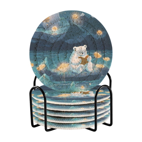 Dreamy Reading Lambs Bar Coasters 6 Pack Braided Coasters with Holder Absorbent Heat Resistant