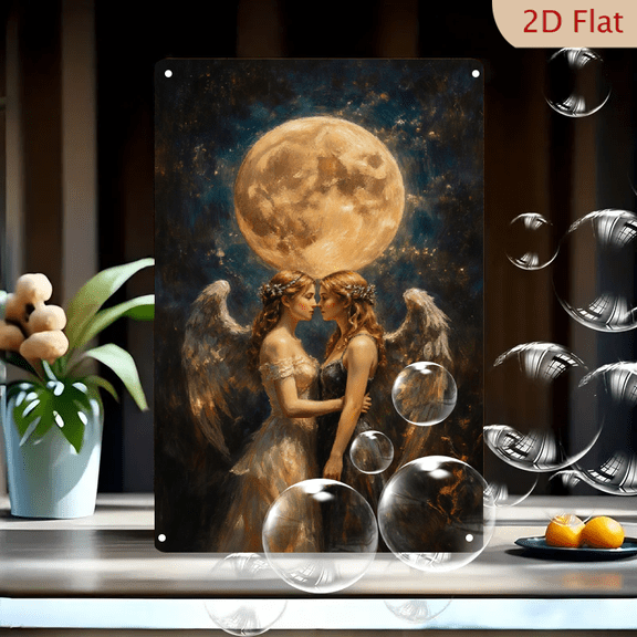 Dreamy Romantic Angels Art Print 8x12 inch Metal Wall Decor, Two Ethereal Women Under Full Moon with Starry Sky, Classical Fine Art Painting for Living Room Bedroom